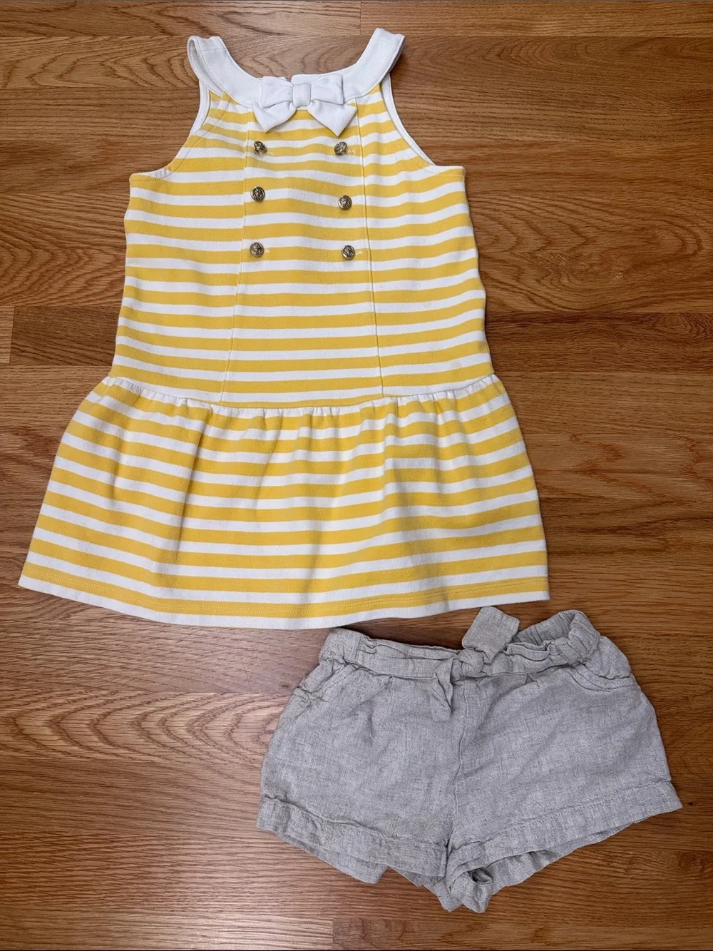 Janie and Jack Yellow and White Striped Dress with Light tan Shorts